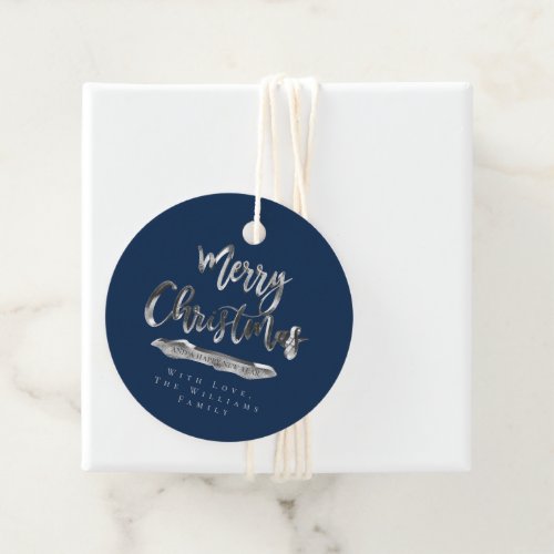 Merry Christmas Navy Blue Silver Script Elegant Favor Tags