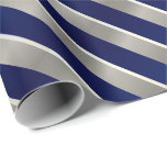 Merry Christmas Navy Blue, Silver &amp; White Stripes Wrapping Paper