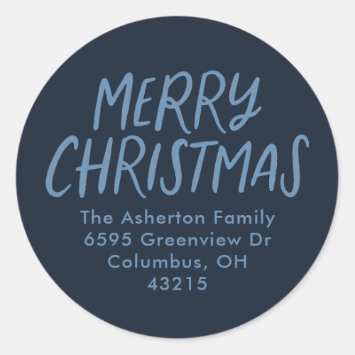 Merry Christmas navy blue simple return address Classic Round Sticker