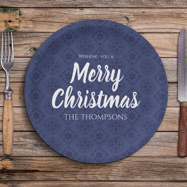 Merry Christmas Navy Blue Simple Snowflake Pattern Paper Plates (Merry Christmas whimsical calligraphy script Navy Blue paper plate. )