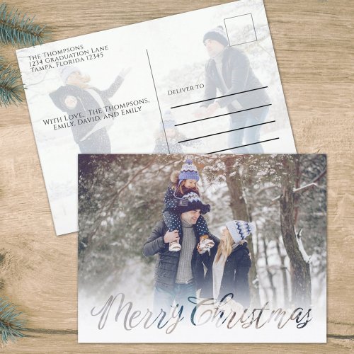 Merry Christmas Navy Blue Snowflake Winter 2 Photo Holiday Postcard