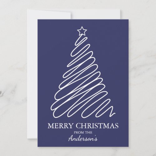 Merry Christmas Navy Blue White Scribble Tree Holiday Card