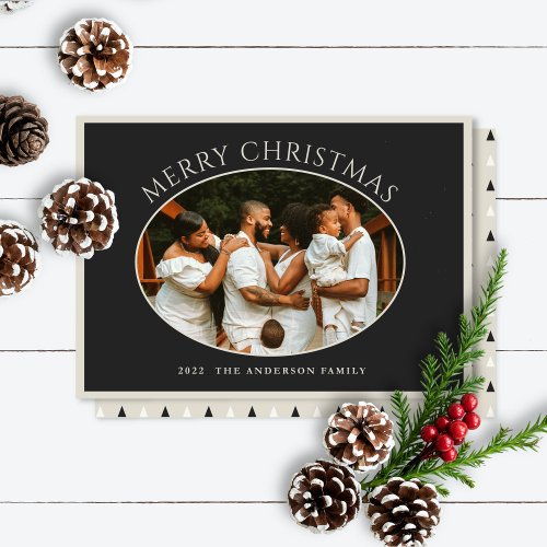 Merry Christmas Navy Cameo Photo Holiday Card