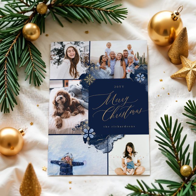 Merry Christmas Navy Gold Jewels Photo Collage Holiday Card (Merry Christmas Navy Gold Jewels Photo Collage Holiday Card)