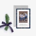Merry Christmas navy plaid one photo 2022 Holiday Card<br><div class="desc">Merry days are here again! Celebrate a happier and merrier holiday this year and send festive plaid greetings to friends and family with this vertical holiday photo card. This Christmas card features a frame of festive navy blue plaid along with a single photo and editable text. The back is a...</div>