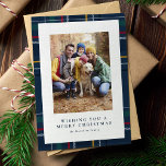 Merry Christmas navy plaid one photo Holiday Card<br><div class="desc">Merry days are here again! Celebrate a happier and merrier holiday this year and send festive plaid greetings to friends and family with this vertical holiday photo card. This Christmas card by Lea Delaveris Design features a frame of festive navy blue plaid along with a single photo and editable text....</div>