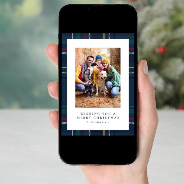 Merry Christmas navy plaid one photo Holiday Card (Front Digital)