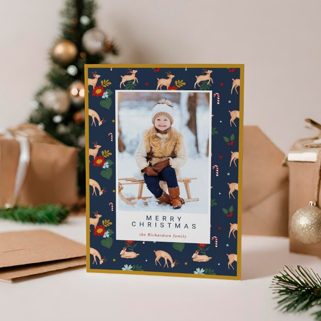 Merry Christmas Navy Reindeer Floral Pattern Photo Holiday Card (Merry Christmas Navy Reindeer Floral Pattern Photo Holiday Card)