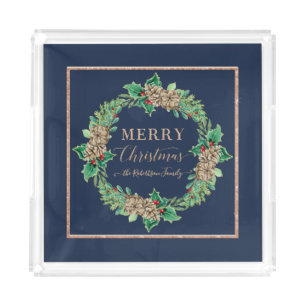 Merry Christmas Navy Rose Gold Script Typography Acrylic Tray