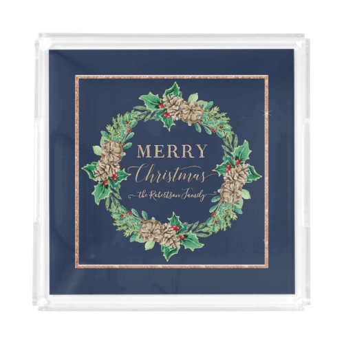 Merry Christmas Navy Rose Gold Script Typography Acrylic Tray