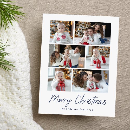 Merry Christmas Navy Script 6 Photo Collage  Holiday Postcard