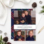 Merry Christmas Navy Tartan Plaid Photo Collage Holiday Card<br><div class="desc">Elegant "Merry Christmas" photo collage card features a classic navy blue, hunter green, and red Scottish tartan plaid border with a minimal crisp white background to highlight your three (3) favorite holiday photos. The modern and handsome charcoal gray text can be fully-personalized for your family. The diagonal plaid pattern repeats...</div>
