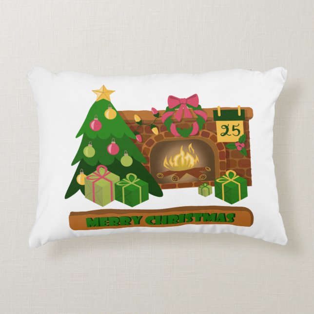 Merry Christmas near fireplace bonfire xmas tree Accent Pillow (Front)