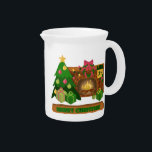 Merry Christmas near fireplace bonfire xmas tree Beverage Pitcher<br><div class="desc">Lettering Merry Christmas near cozy fireplace</div>