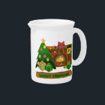 Merry Christmas near fireplace bonfire xmas tree Beverage Pitcher<br><div class="desc">Lettering Merry Christmas near cozy fireplace</div>