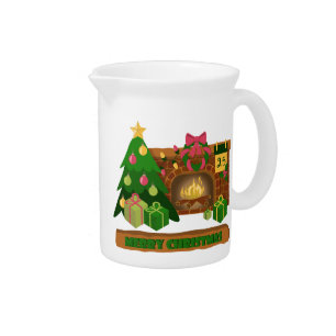 Merry Christmas near fireplace bonfire xmas tree Beverage Pitcher