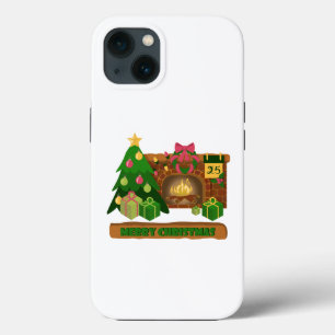 Merry Christmas near fireplace bonfire xmas tree iPhone 13 Case