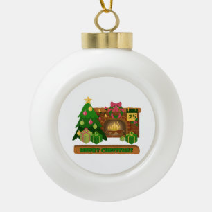 Merry Christmas near fireplace bonfire xmas tree Ceramic Ball Christmas Ornament