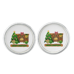 Merry Christmas near fireplace bonfire xmas tree Cufflinks