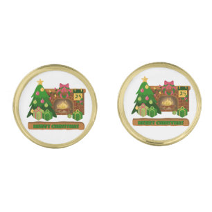 Merry Christmas near fireplace bonfire xmas tree Cufflinks