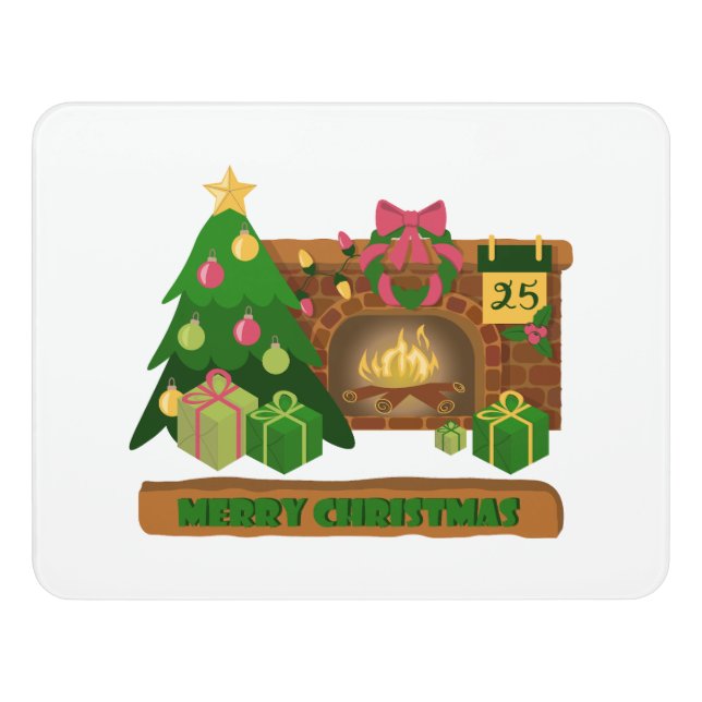 Merry Christmas near fireplace bonfire xmas tree Door Sign (Contemporary Front)