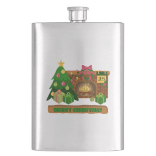Merry Christmas near fireplace bonfire xmas tree Flask