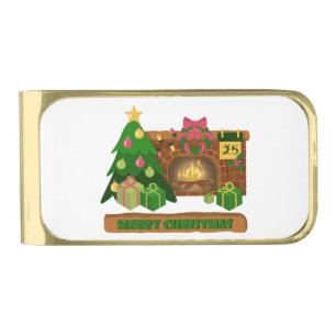 Merry Christmas near fireplace bonfire xmas tree Gold Finish Money Clip