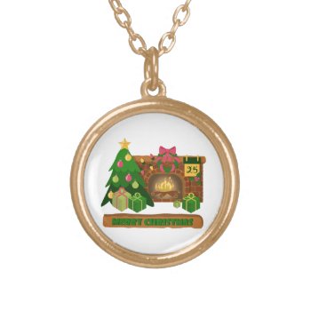 Merry Christmas Near Fireplace Bonfire Xmas Tree Gold Plated Necklace by CuteGiftsShop at Zazzle