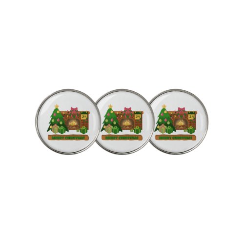 Merry Christmas near fireplace bonfire xmas tree Golf Ball Marker