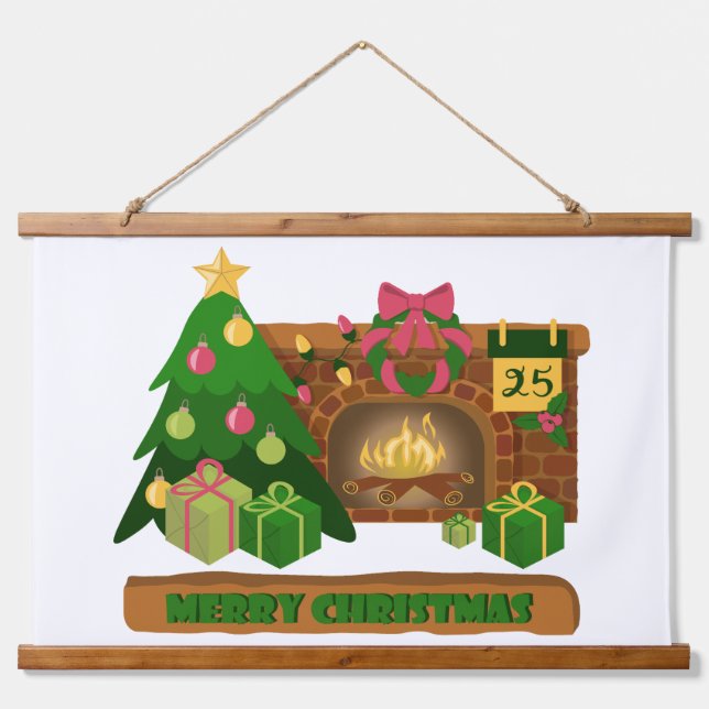 Merry Christmas near fireplace bonfire xmas tree Hanging Tapestry (Front)