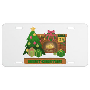 Merry Christmas near fireplace bonfire xmas tree License Plate