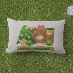 Merry Christmas near fireplace bonfire xmas tree Lumbar Pillow