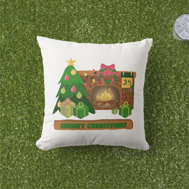 Merry Christmas near fireplace bonfire xmas tree Outdoor Pillow (Grass)