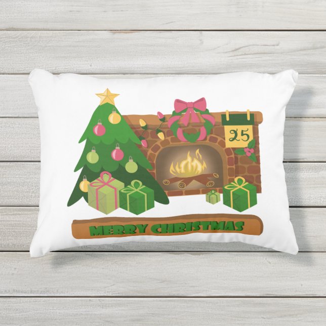 Merry Christmas near fireplace bonfire xmas tree Outdoor Pillow (Front)