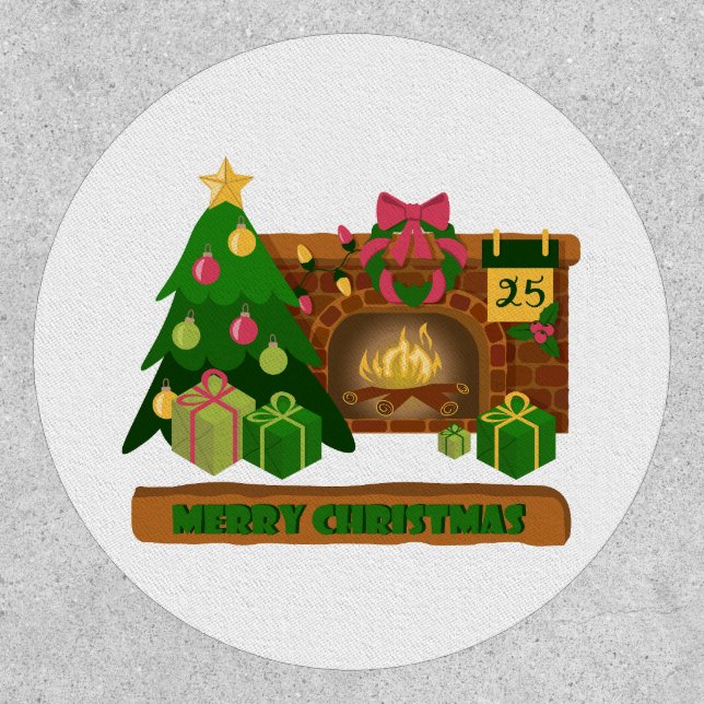 Merry Christmas near fireplace bonfire xmas tree Patch (Front)