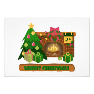 Merry Christmas near fireplace bonfire xmas tree Photo Print