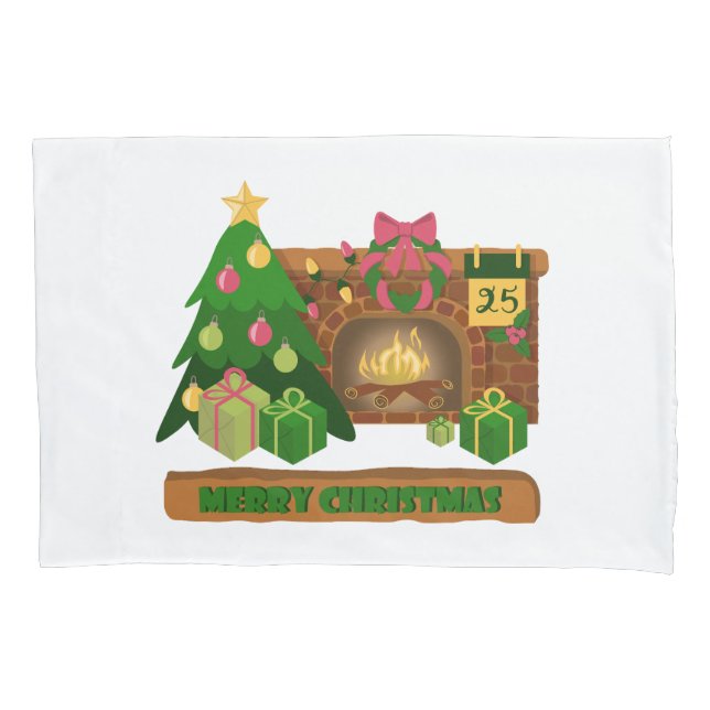 Merry Christmas near fireplace bonfire xmas tree Pillow Case (Front)