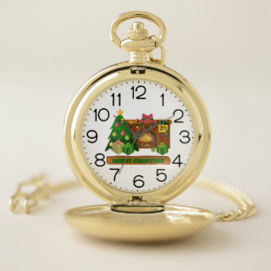 Merry Christmas near fireplace bonfire xmas tree Pocket Watch