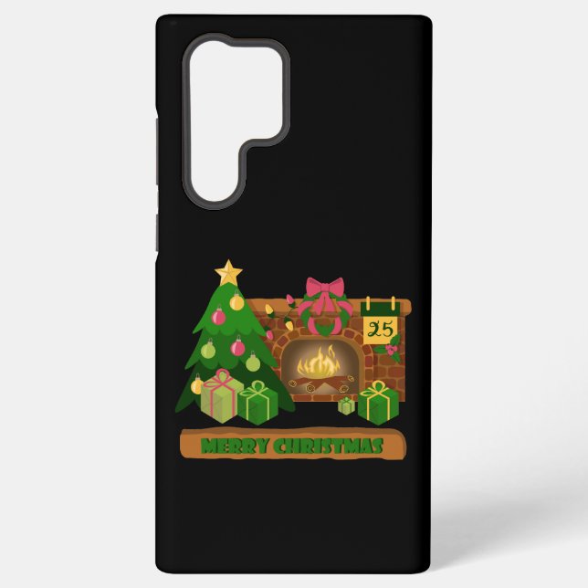 Merry Christmas near fireplace bonfire xmas tree Samsung Galaxy Case (Back)