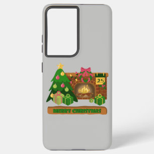 Merry Christmas near fireplace bonfire xmas tree Samsung Galaxy S21+ Case