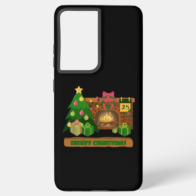 Merry Christmas near fireplace bonfire xmas tree Samsung Galaxy Case (Back)