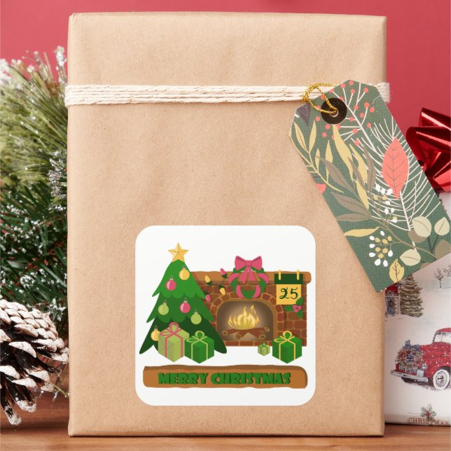 Merry Christmas near fireplace bonfire xmas tree Square Sticker (Holiday)
