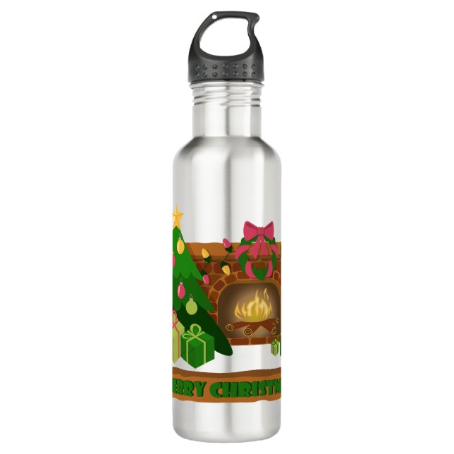 Merry Christmas near fireplace bonfire xmas tree Stainless Steel Water Bottle (Front)