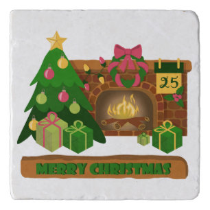 Merry Christmas near fireplace bonfire xmas tree Trivet
