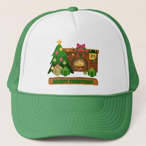 Merry Christmas near fireplace bonfire xmas tree Trucker Hat