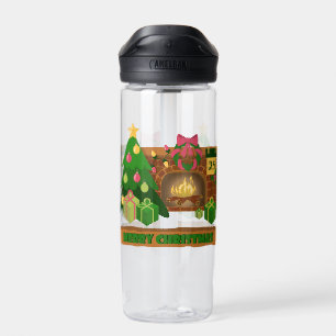 Merry Christmas near fireplace bonfire xmas tree Water Bottle
