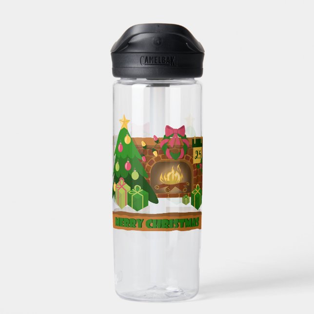 Merry Christmas near fireplace bonfire xmas tree Water Bottle (Back)