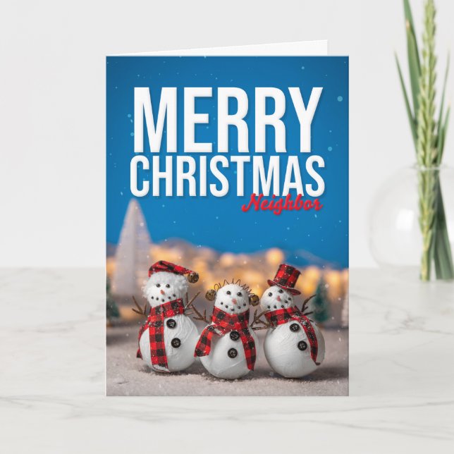 Merry Christmas Neighbor Cute Snowmen Photograph  Holiday Card (Front)