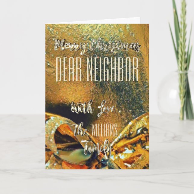 Merry Christmas Neighbor Faux Gold Ribbon Holiday Card (Front)