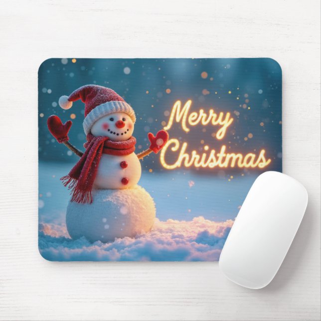 Merry Christmas Neon Sign With Snowman Mouse Pad (With Mouse)